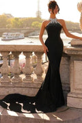 Designer Column Satin High Neck Sleeveless Black Prom Dresses With Beading by misshow.com