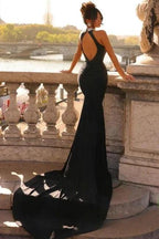 Designer Column Satin High Neck Sleeveless Black Prom Dresses With Beading by misshow.com