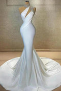 Designer Column Satin High Neck Sleeveless White Long Prom Dress With Ruffles by misshow.com
