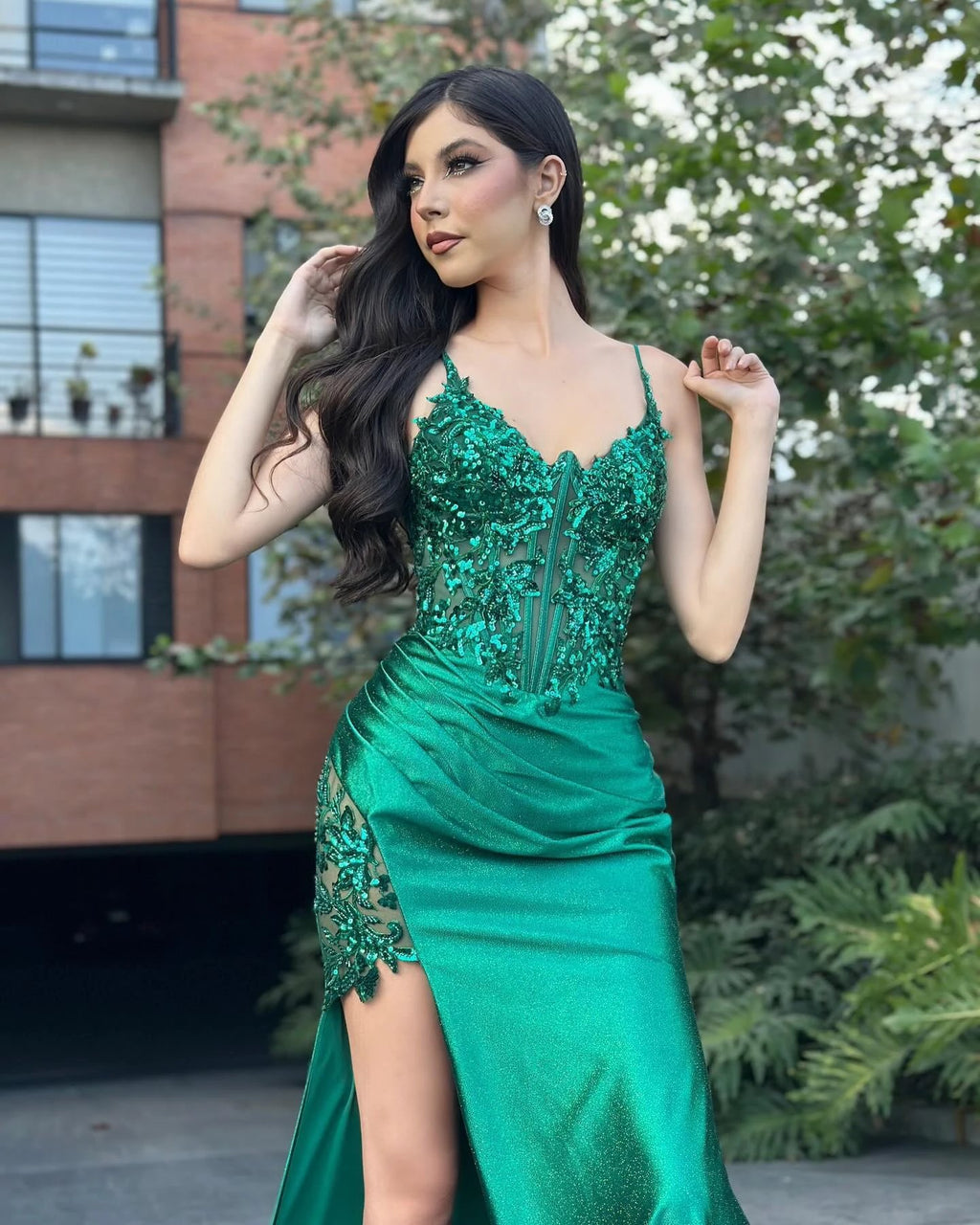 Designer Column Satin Lace Spaghetti Straps Sleeveless Prom Dresses With Appliques Split by misshow.com