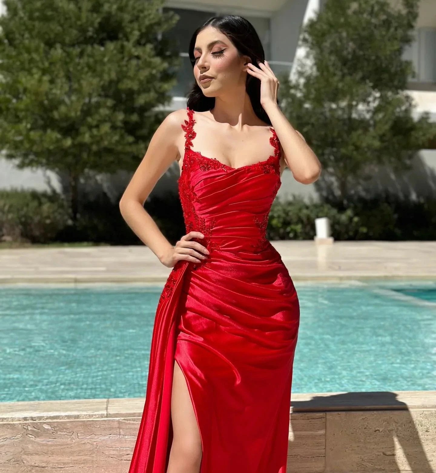 Designer Column Satin Off-The-Shoulder Sleeveless Prom Dress With Ruffles Split Front by misshow.com