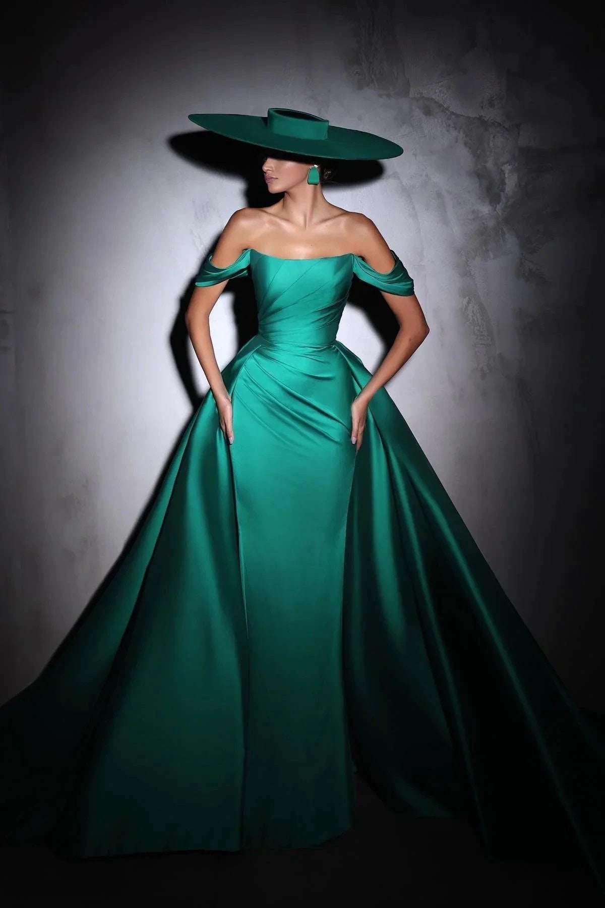 Designer Column Satin Off-The-Shoulder Sleeveless Prom Dress With Ruffles Train by misshow.com
