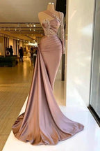Designer Column Satin One Shoulder Long Sleeve Prom Dresses With Ruffles by misshow.com