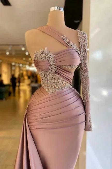 Designer Column Satin One Shoulder Long Sleeve Prom Dresses With Ruffles by misshow.com
