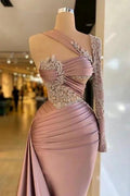 Designer Column Satin One Shoulder Long Sleeve Prom Dresses With Ruffles by misshow.com