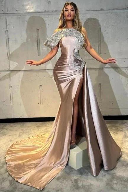 Designer Column Satin One Shoulder Sleeveless Prom Dresses With Split Front by misshow.com