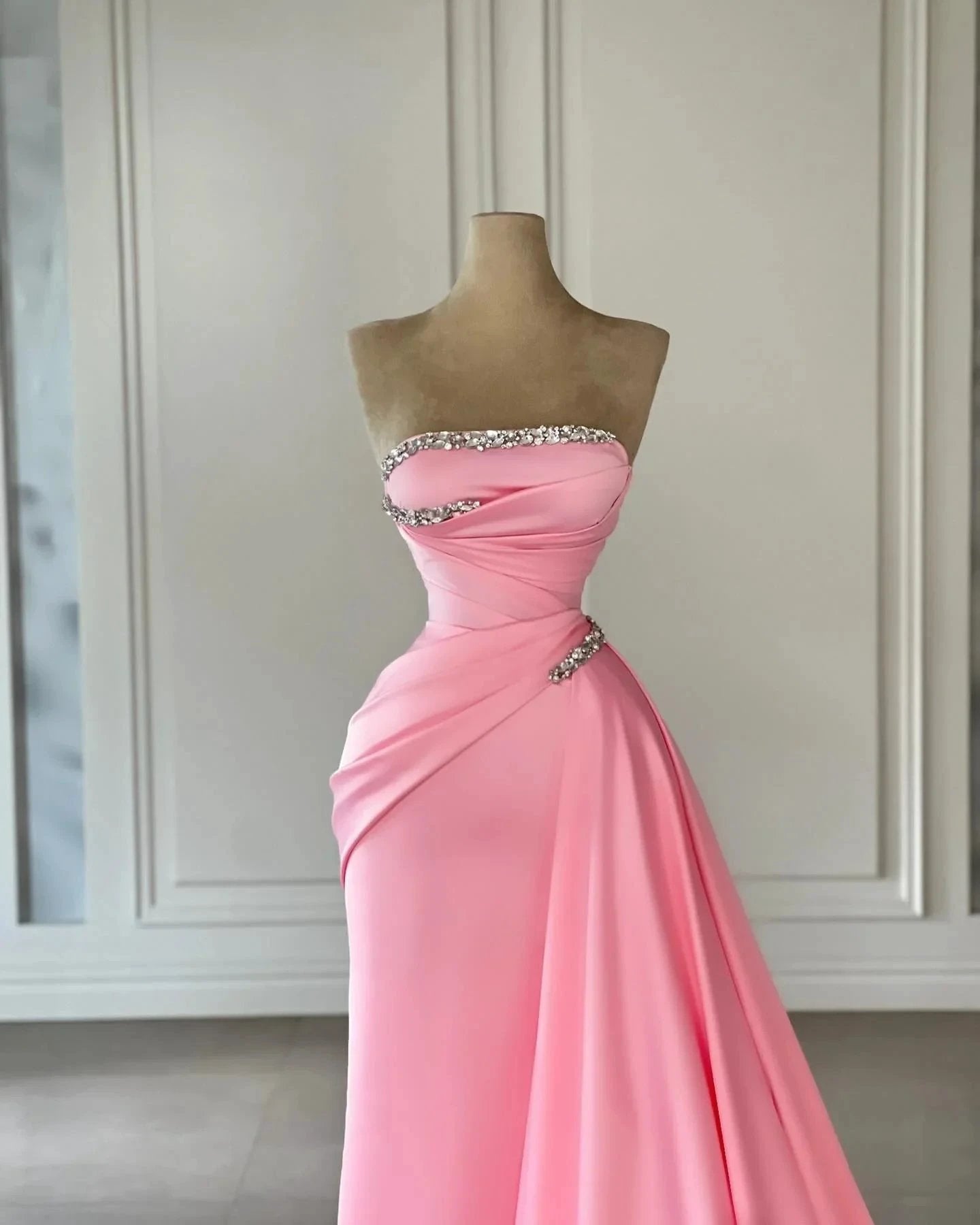 Designer Column Satin Strapless Sleeveless Pink Prom Dresses With Rhinestone by misshow.com