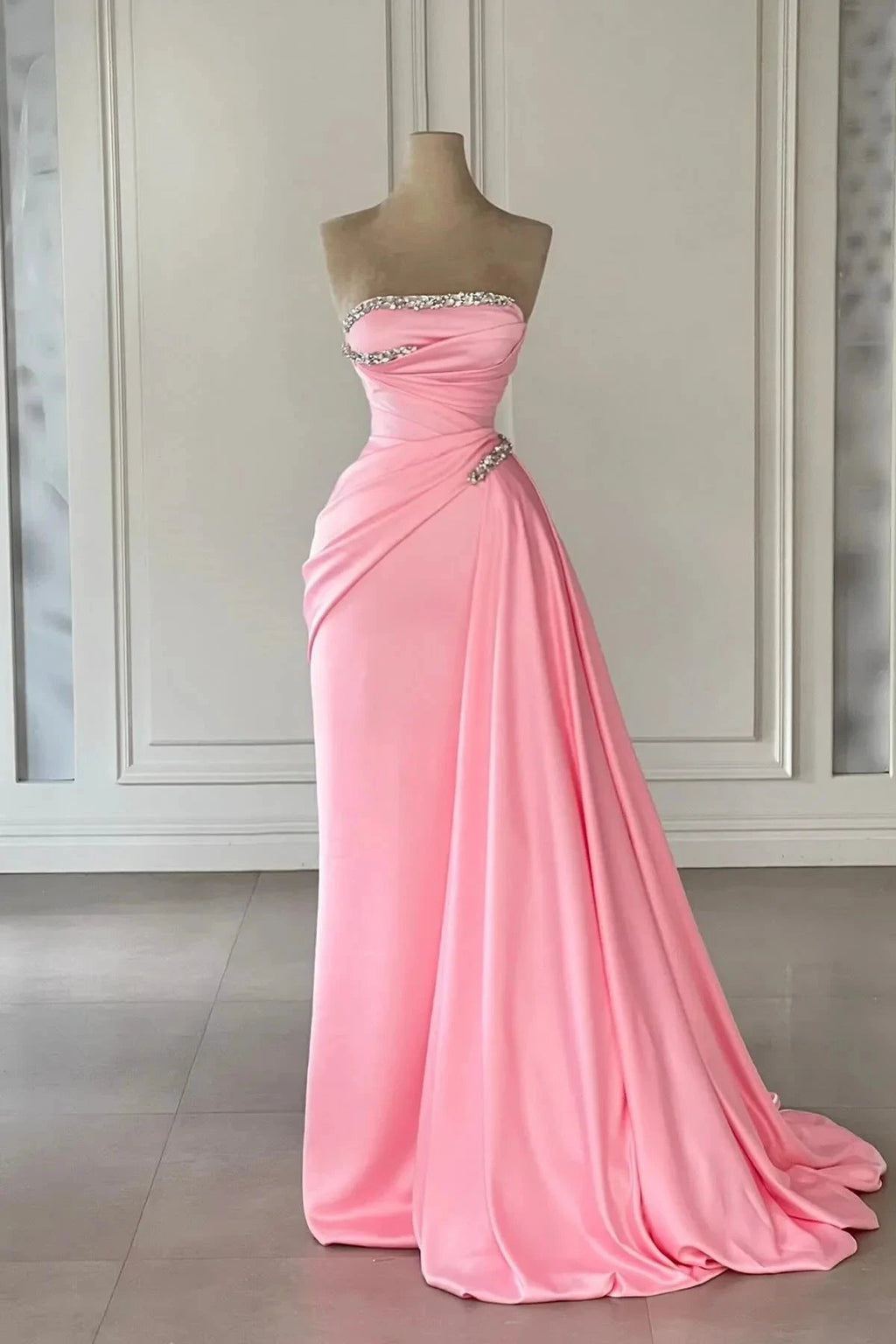 Designer Column Satin Strapless Sleeveless Pink Prom Dresses With Rhinestone by misshow.com