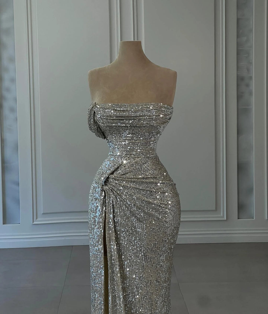 Designer Column Sequined Strapless Sleeveless Prom Dresses With Ruffles by misshow.com