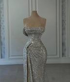 Designer Column Sequined Strapless Sleeveless Prom Dresses With Ruffles by misshow.com