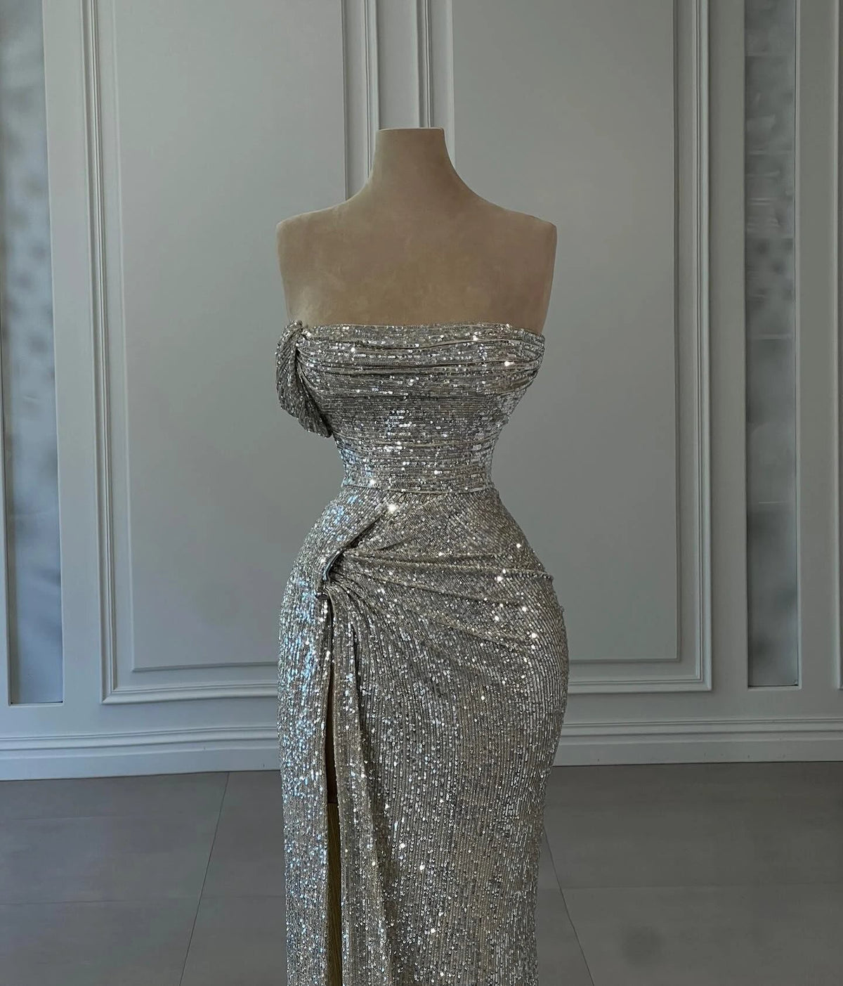 Designer Column Sequined Strapless Sleeveless Prom Dresses With Ruffles by misshow.com