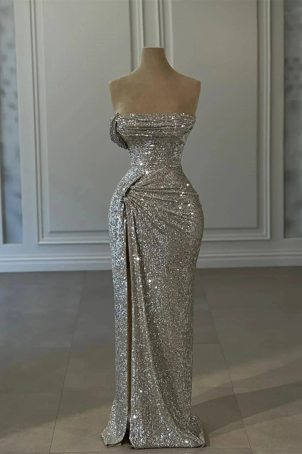 Designer Column Sequined Strapless Sleeveless Prom Dresses With Ruffles by misshow.com