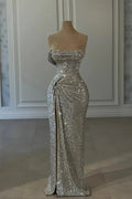 Designer Column Sequined Strapless Sleeveless Prom Dresses With Ruffles by misshow.com