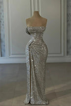 Designer Column Sequined Strapless Sleeveless Prom Dresses With Ruffles by misshow.com