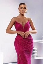 Designer Column Sequined V-Neck Sleeveless Prom Dress With Split Front by misshow.com