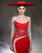 Designer Column Tulle Satin One Shoulder Sleeveless Red Prom Dresses With Beading by misshow.com