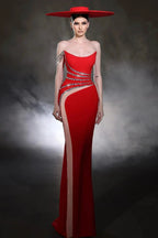 Designer Column Tulle Satin One Shoulder Sleeveless Red Prom Dresses With Beading by misshow.com