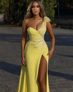 Designer Elegant Long Yellow Split Prom Dresses with Glitter by misshow.com