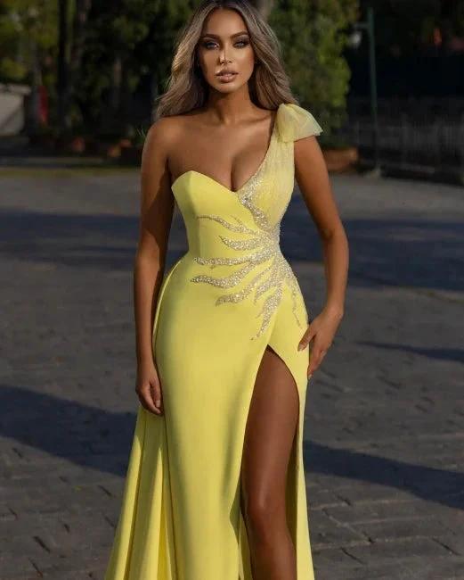 Designer Elegant Long Yellow Split Prom Dresses with Glitter by misshow.com