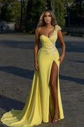 Designer Elegant Long Yellow Split Prom Dresses with Glitter by misshow.com