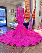 Designer Fuchsia Long Sleeves V-neck Mermaid Sparkle Long Prom Dress by misshow.com