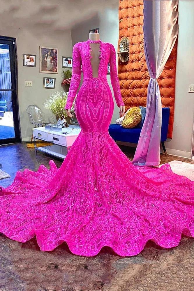 Designer Fuchsia Long Sleeves V-neck Mermaid Sparkle Long Prom Dress by misshow.com