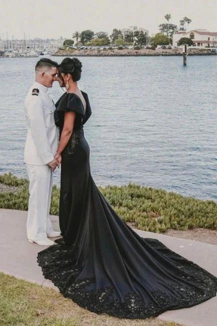 Designer jewel sleeveless mermaid satin split Wedding dresses with lace by misshow.com