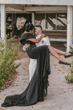 Designer jewel sleeveless mermaid satin split Wedding dresses with lace by misshow.com