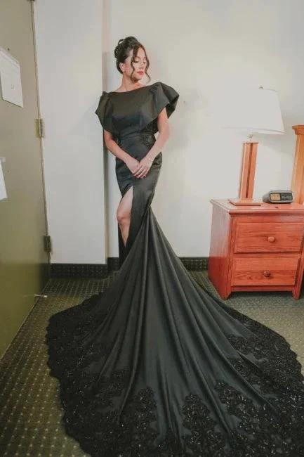 Designer jewel sleeveless mermaid satin split Wedding dresses with lace by misshow.com