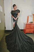 Designer jewel sleeveless mermaid satin split Wedding dresses with lace by misshow.com