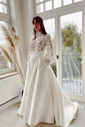 Designer Long A-line High Neck Lace Wedding Dresses With Long Sleeves by misshow.com