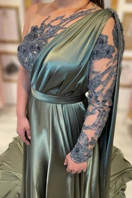 Designer Long A-line Lace Split Evening Dresses With Long Sleeve by misshow.com