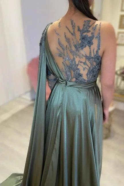 Designer Long A-line Lace Split Evening Dresses With Long Sleeve by misshow.com