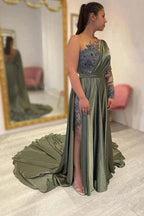 Designer Long A-line Lace Split Evening Dresses With Long Sleeve by misshow.com