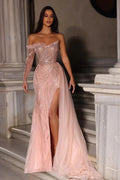 Designer Long A-line Off-the-shoulder Lace Long Sleeve Tulle Prom Dress With Slit by misshow.com
