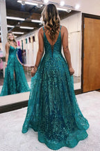Designer Long A-line Spaghetti Straps Lace Sleeveless Prom Dress With Slit by misshow.com