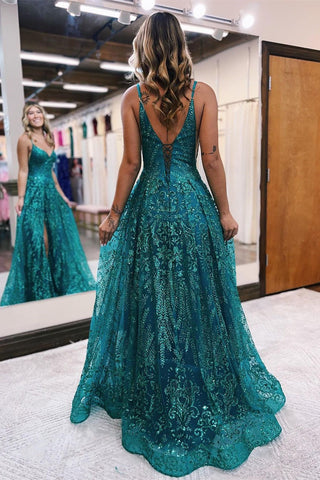 Designer Long A-line Spaghetti Straps Lace Sleeveless Prom Dress With Slit