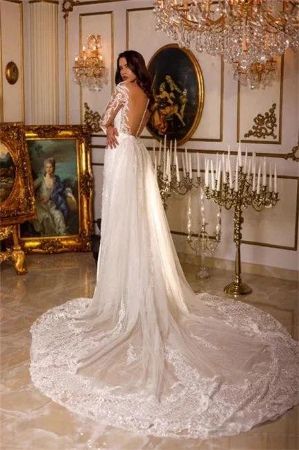 Designer Long A-line V-neck Lace Appliques Wedding Dresses With Long Sleeves by misshow.com