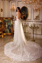 Designer Long A-line V-neck Lace Appliques Wedding Dresses With Long Sleeves by misshow.com