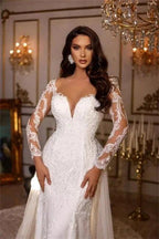 Designer Long A-line V-neck Lace Appliques Wedding Dresses With Long Sleeves by misshow.com