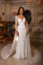 Designer Long A-line V-neck Lace Appliques Wedding Dresses With Long Sleeves by misshow.com