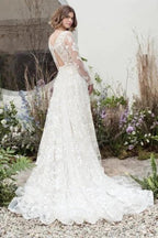 Designer Long A-Line V-neck Lace Wedding Dresses With Long Sleeves by misshow.com