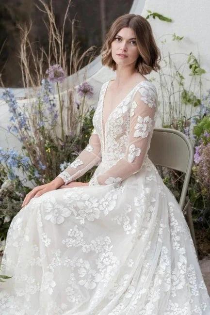 Designer Long A-Line V-neck Lace Wedding Dresses With Long Sleeves by misshow.com