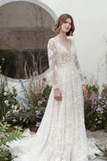 Designer Long A-Line V-neck Lace Wedding Dresses With Long Sleeves by misshow.com