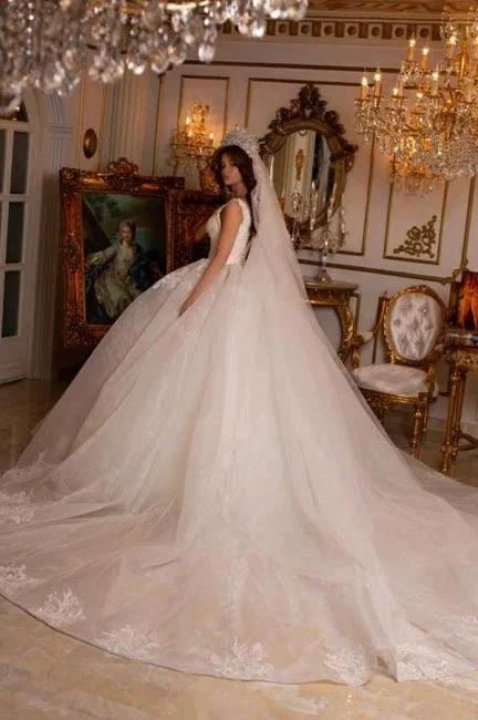 Designer Long A-line V-Neck Sleeveless Appliques Wedding Dress With Lace by misshow.com