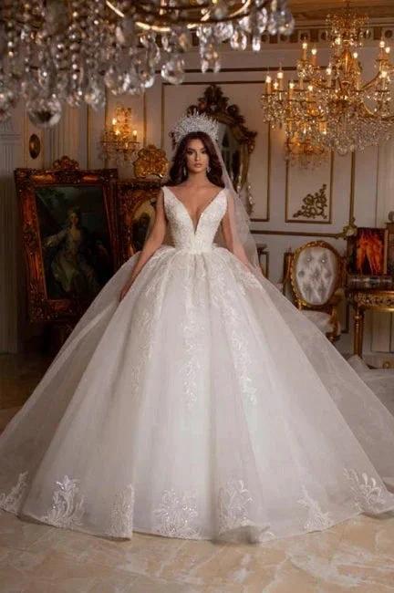 Designer Long A-line V-Neck Sleeveless Appliques Wedding Dress With Lace by misshow.com