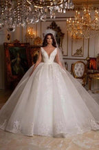 Designer Long A-line V-Neck Sleeveless Appliques Wedding Dress With Lace by misshow.com