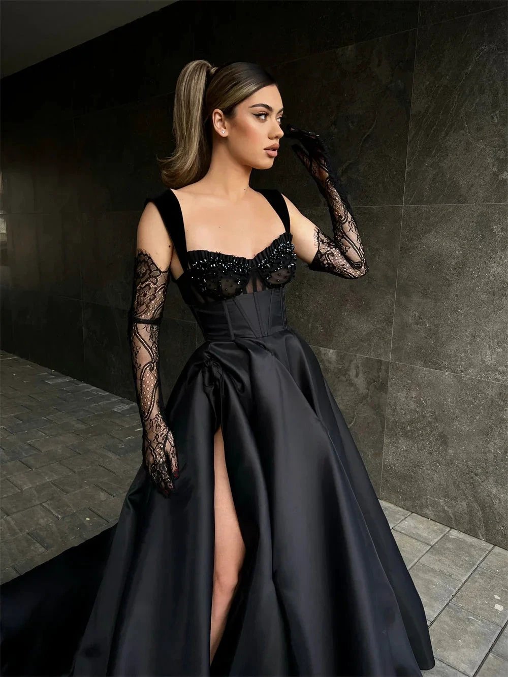 Designer Long Black A-line Lace Sleeveless Prom Dress With Slit by misshow.com
