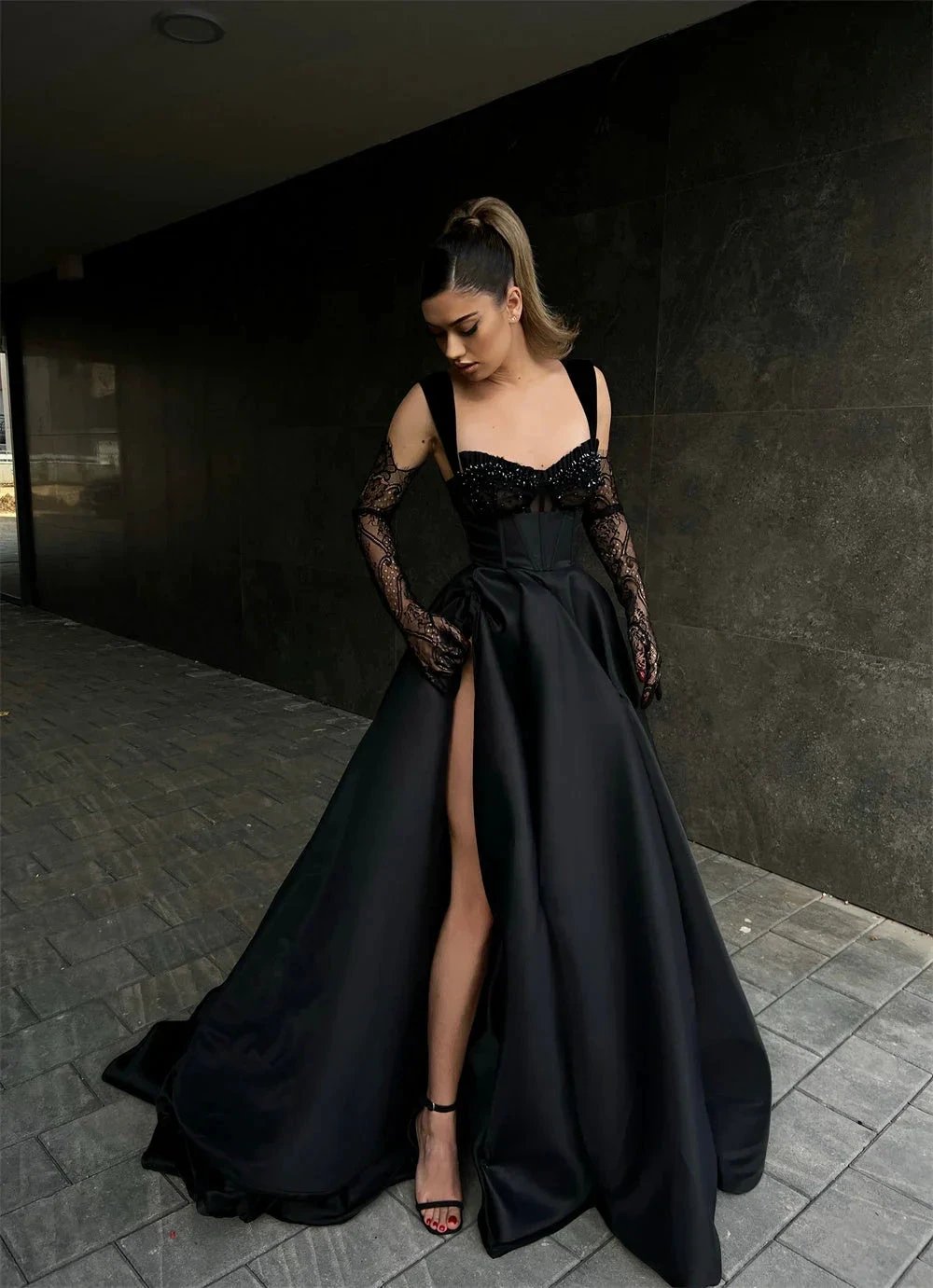 Designer Long Black A-line Lace Sleeveless Prom Dress With Slit by misshow.com