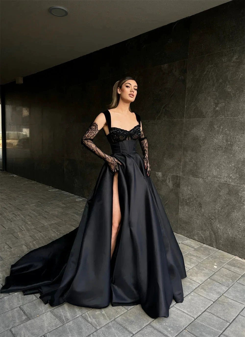 Designer Long Black A-line Lace Sleeveless Prom Dress With Slit by misshow.com
